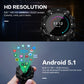 Black smartwatch with time widget and circular UI on round OLED display