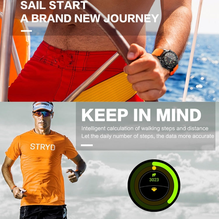 Black smartwatch on wrist with round fitness-style dial in a travel steps graphic