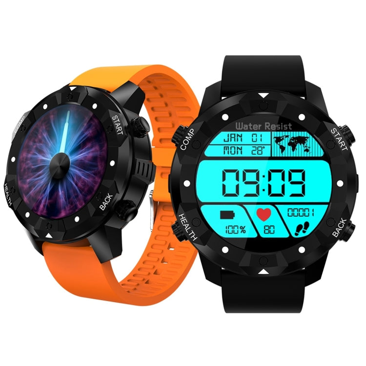 Bluetooth smart watch pair: orange and black straps with colorful heart-rate screen