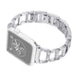 Silver stainless steel watch band with diamond-cut rectangular links and metal buckle