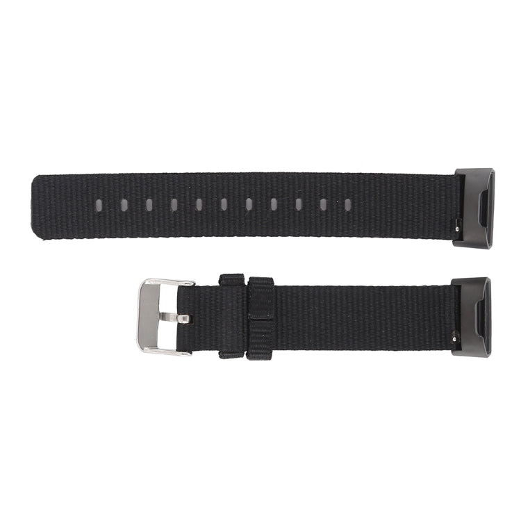 Black nylon watch band with metal buckle and adjustment holes for Fitbit Charge 3
