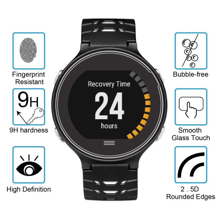Tempered glass screen protector on black Garmin Forerunner watch face, 9H coverage