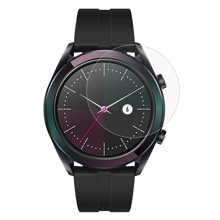 Tempered glass screen protector film for smartwatch, clear overlay on round watch face