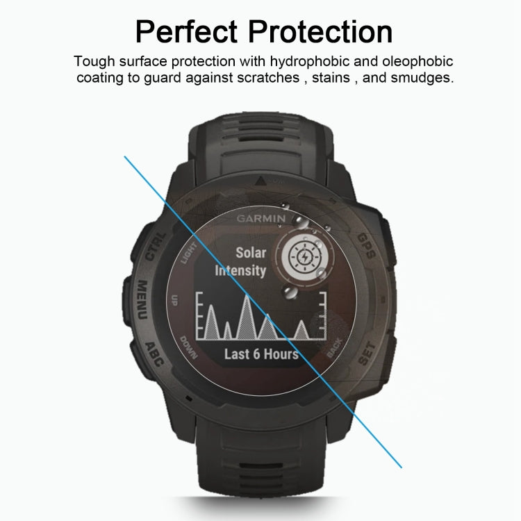 Clear tempered glass protector on Garmin Instinct watch display with smooth touch finish