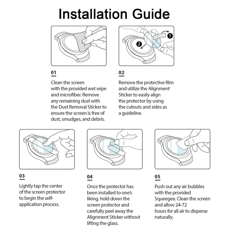 Installation guide for tempered glass screen protector film on smartwatch display
