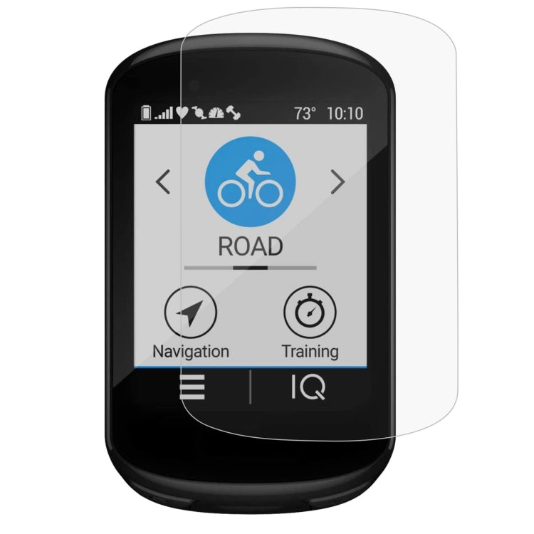 Tempered glass screen protector film covering a bike computer display with rounded edges