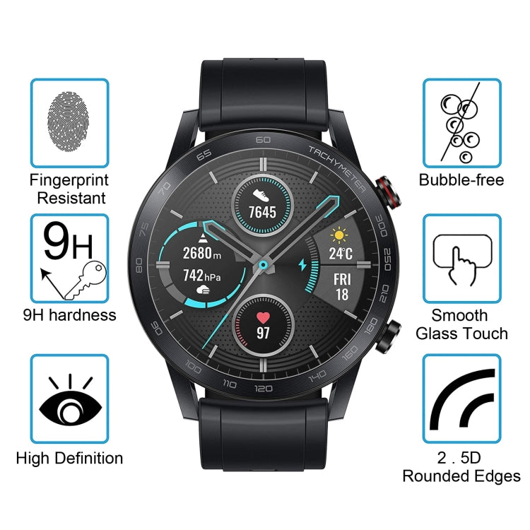 Tempered glass screen protector on smartwatch with 9H, bubble-free, and smooth touch icons