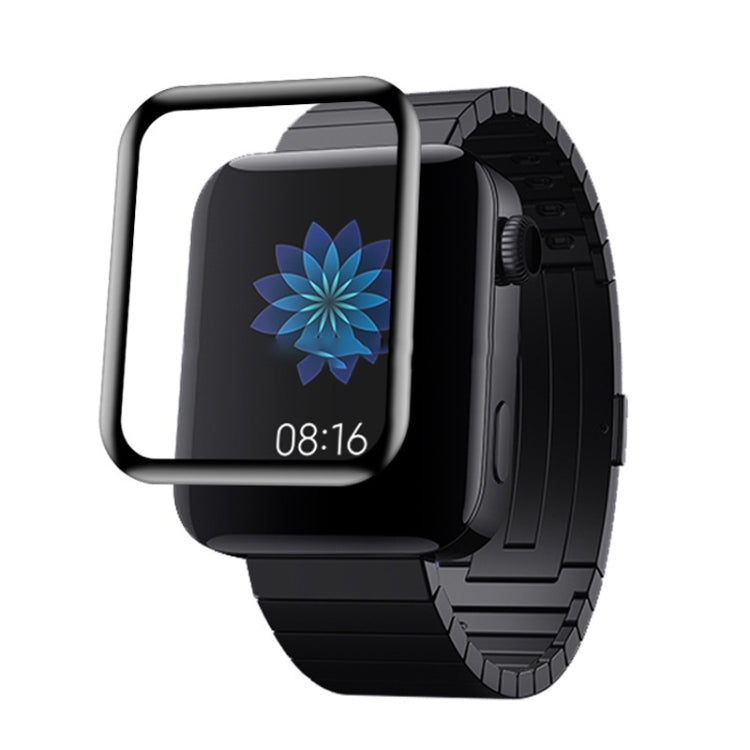 Curved smartwatch screen protector film fitted on a black watch display