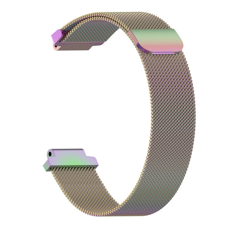 Gold milanese watch band with iridescent edge accents and metal clasp, 26cm.