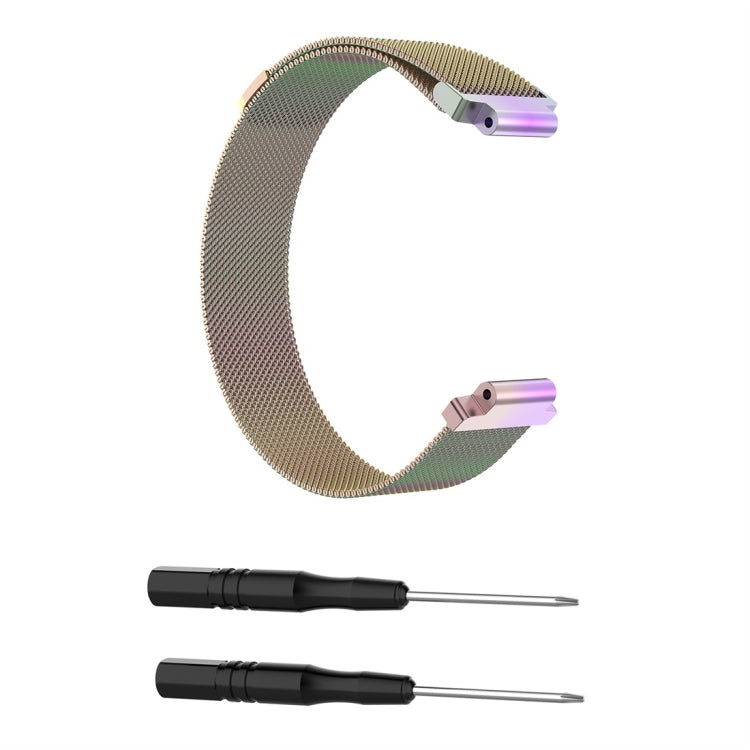 Champagne gold milanese watch band with rainbow-toned clasp pieces, 26cm length.