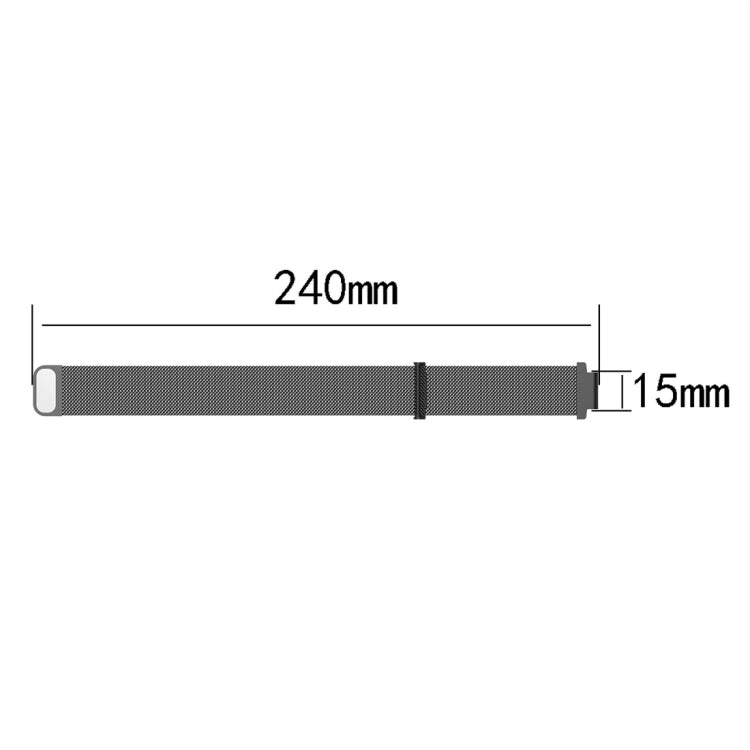 Milanese watch band size diagram showing 240mm length and 15mm width.