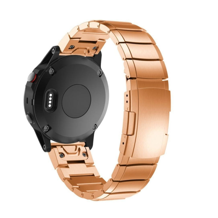Rose gold steel watch band with black watch case attached, 22mm.