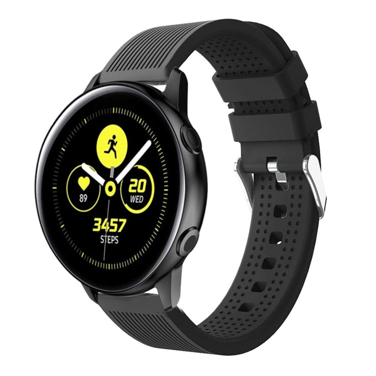 Black silicone smartwatch band with perforated strap and metal buckle clasp