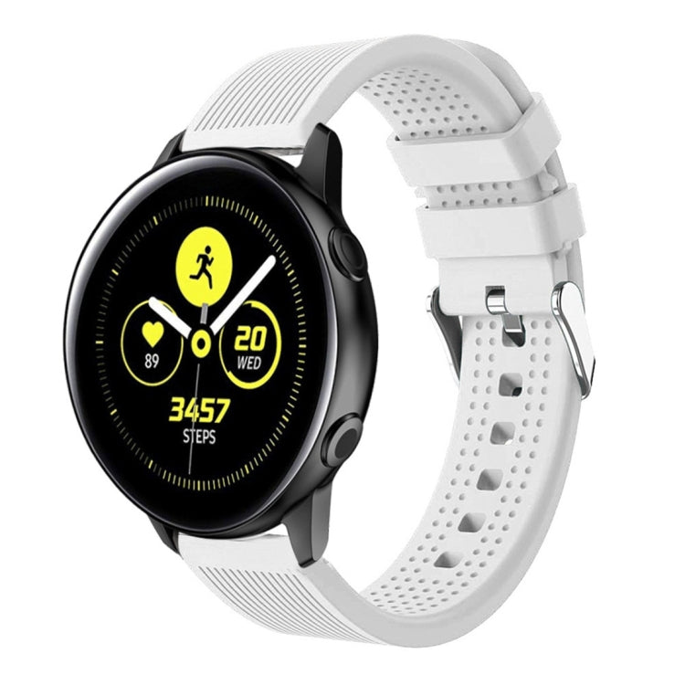 White silicone smartwatch band with perforated strap and metal buckle clasp