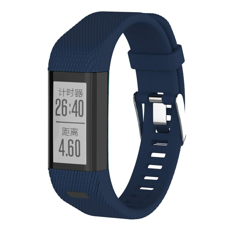 Dark blue silicone smartwatch band with textured strap and metal buckle