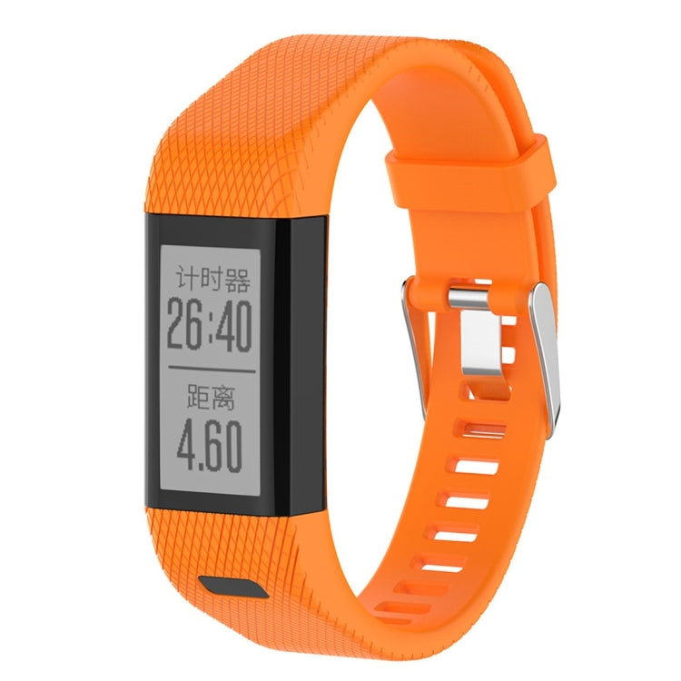 Orange silicone smartwatch strap with rectangular display and perforated link holes