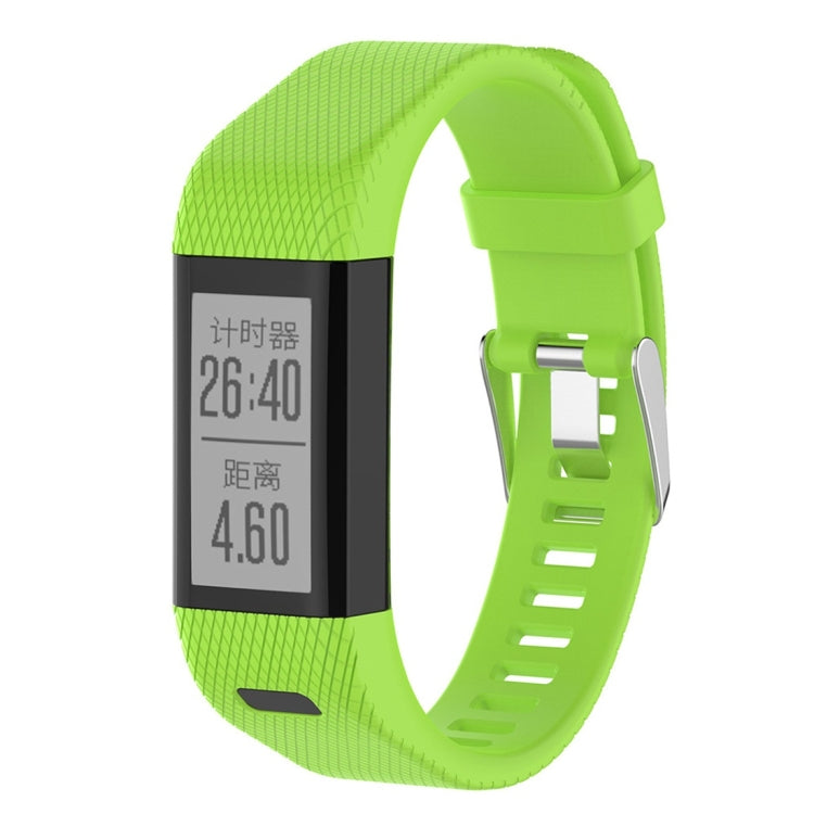 Green silicone smartwatch strap with rectangular display and textured band pattern