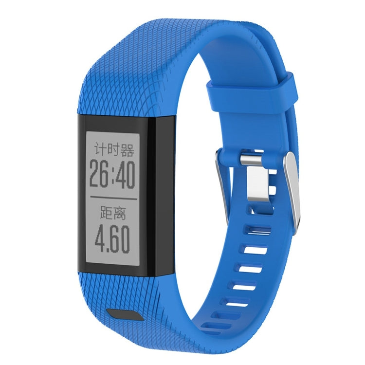 Blue silicone smartwatch strap with rectangular display and perforated strap sections