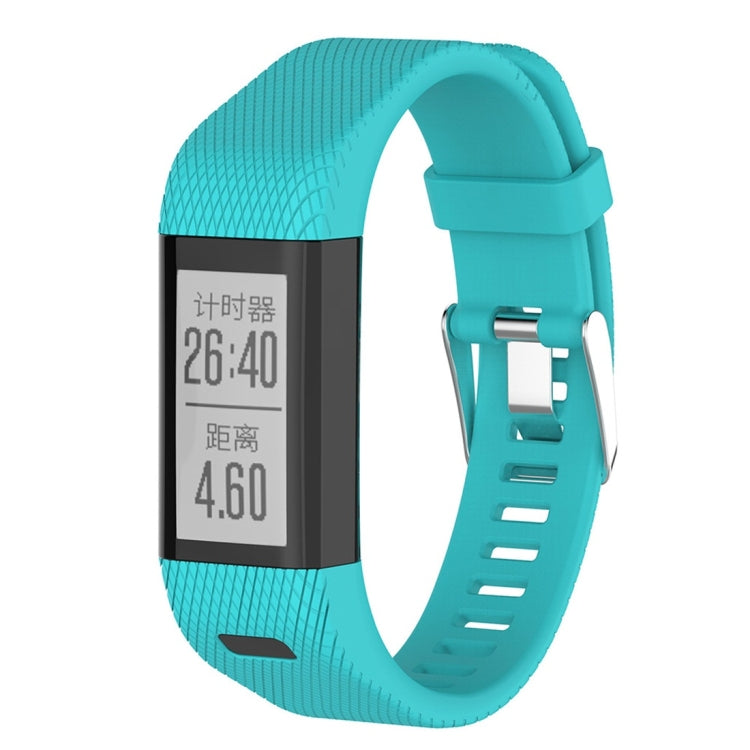Mint green silicone smartwatch strap with rectangular display and vented clasp