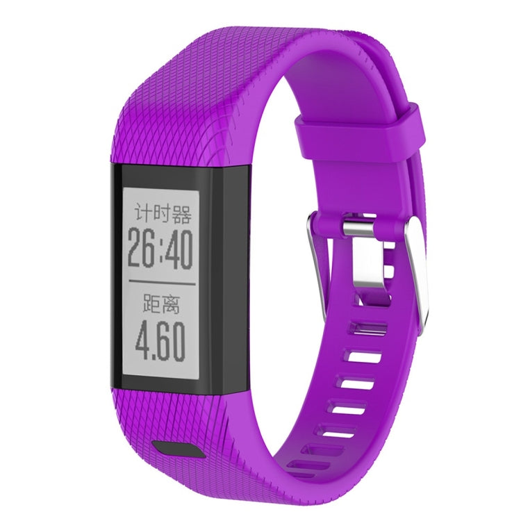 Purple silicone smartwatch strap with rectangular display and textured band segments