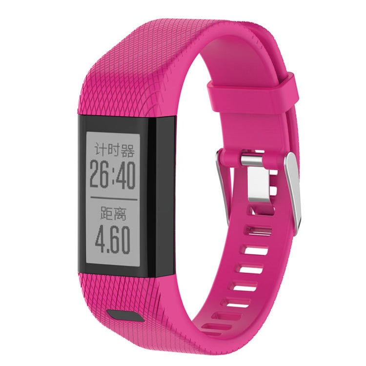 Rose red silicone smartwatch strap with rectangular display and textured strap holes
