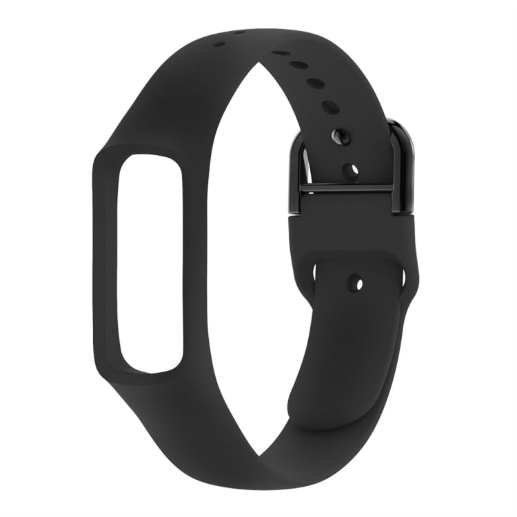 Black silicone watch band with metal clasp and adjustment holes for smartwatch, front corner view.