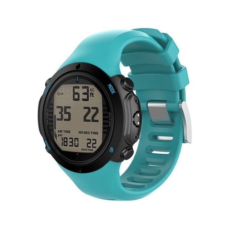 Sky blue silicone watch band with silver buckle and vented strap links, Suunto D6i-compatible