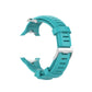 Teal silicone watch band with metal buckle, vented underside and clasp detail