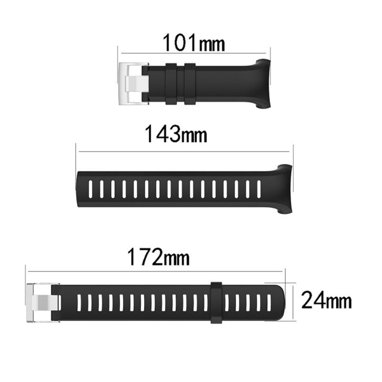 Black silicone watch band size chart: 101mm, 143mm, 172mm; width 24mm