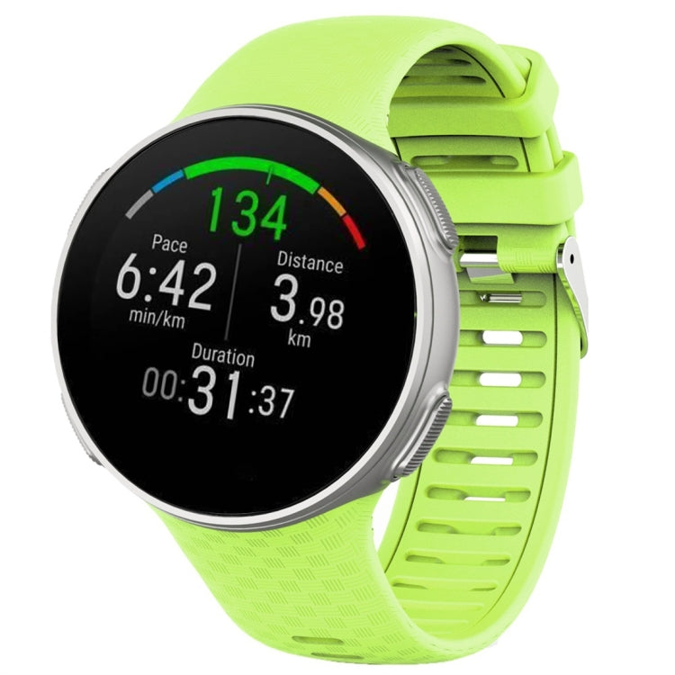 Polar Vantage V silicone watch band in bright green, with metal buckle and watch case