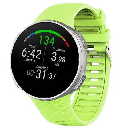 Polar Vantage V silicone watch band in bright green, with metal buckle and watch case