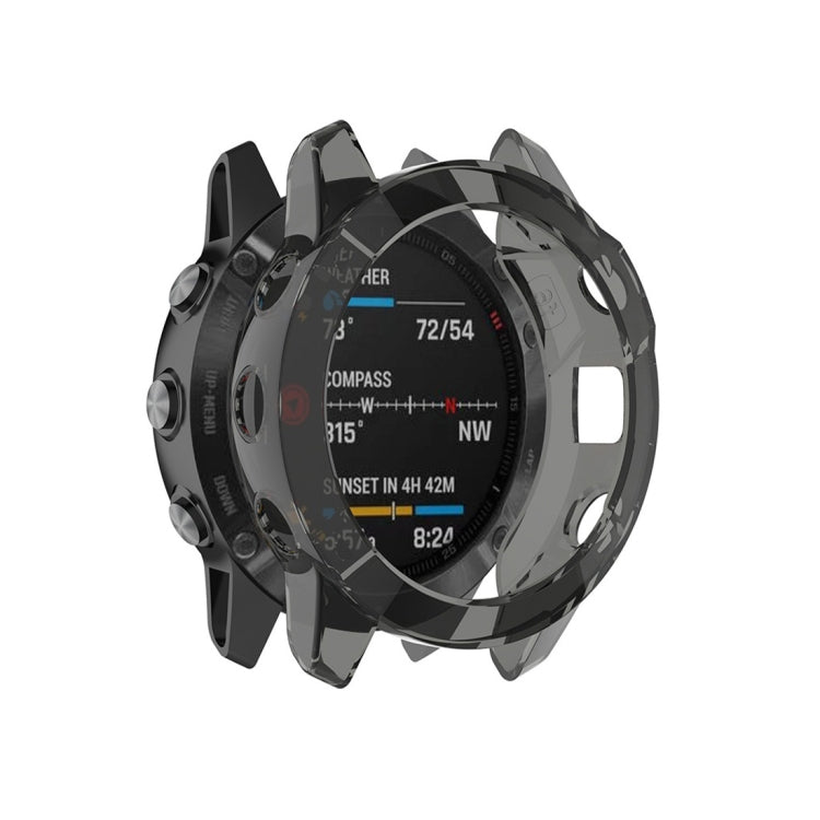 Dark TPU half-coverage smartwatch case with smoky clear shell and black outer frame