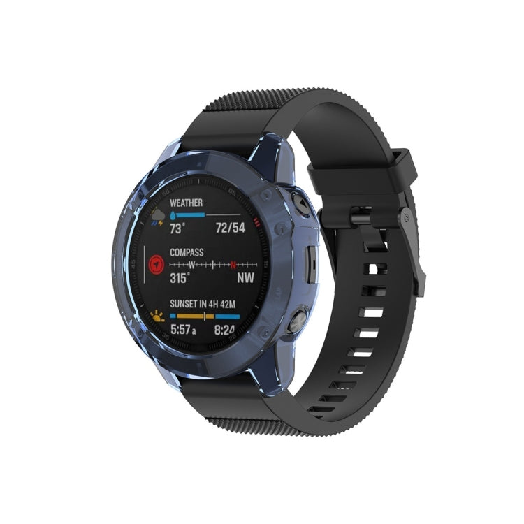 Blue TPU half-coverage smartwatch case with black watch strap visible