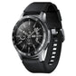 Black smartwatch with steel protective frame bezel and textured black silicone band