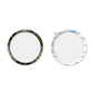 Two circular watch protector frames: black-gold rim and clear rim with blue tape