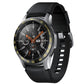 Black watch with steel dial protector and ribbed silicone strap, yellow markings