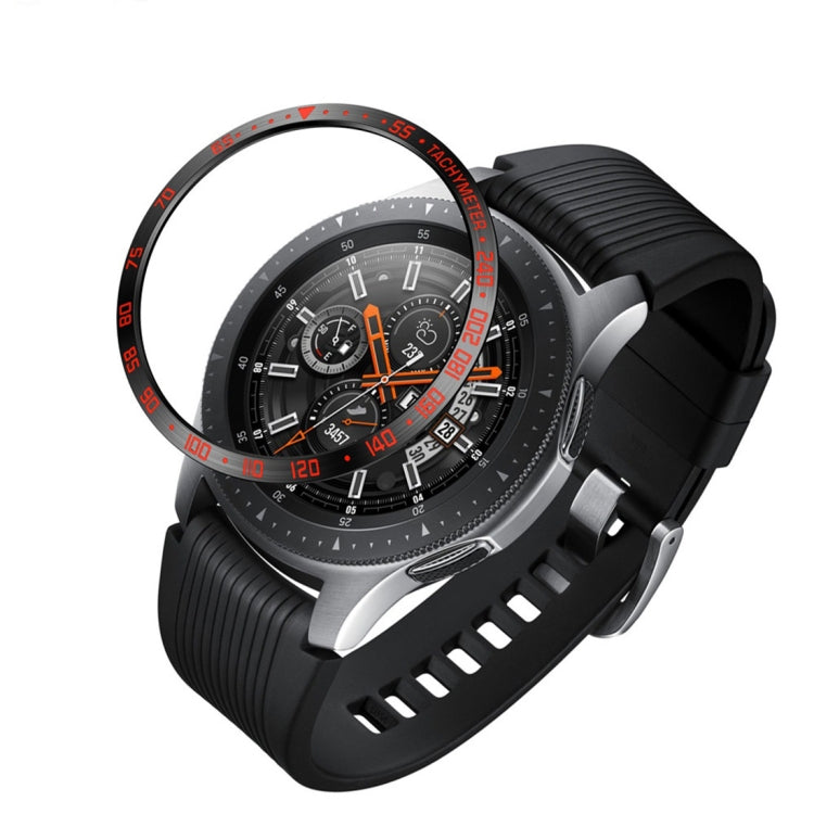 Steel protective bezel frame for Galaxy Watch 46mm with red bezel markings and black strap
