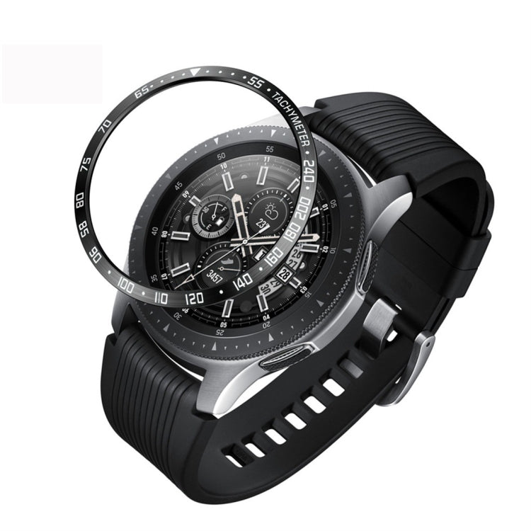 Steel protective bezel frame for Galaxy Watch 46mm with black case and black rubber strap