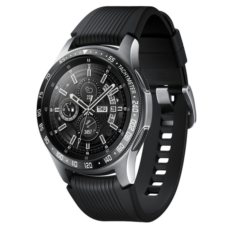 Steel protective bezel frame for Galaxy Watch 46mm with black dial and black strap