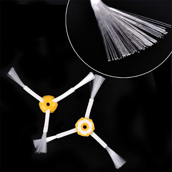 White bristle side brushes with yellow hub and forked arms for robot vacuum