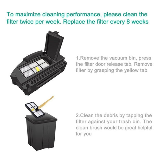 Robot vacuum dust bin with installed HEPA filter and yellow release tab