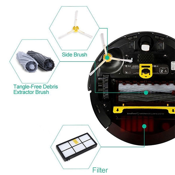Robot vacuum parts layout showing side brush, extractor brush, and filter