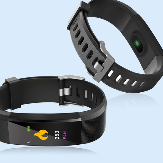Black smart fitness bracelet with OLED screen and perforated silicone wrist strap