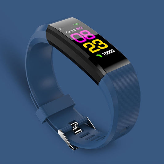 Blue silicone smart bracelet with OLED color screen showing time and activity icons