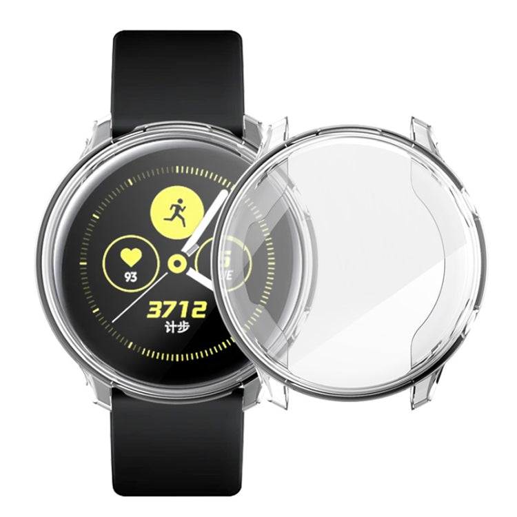 TPU full-coverage watch case, transparent shell with black watch strap visible