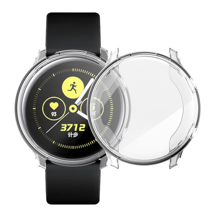 TPU full-coverage watch case, transparent shell with black watch strap visible