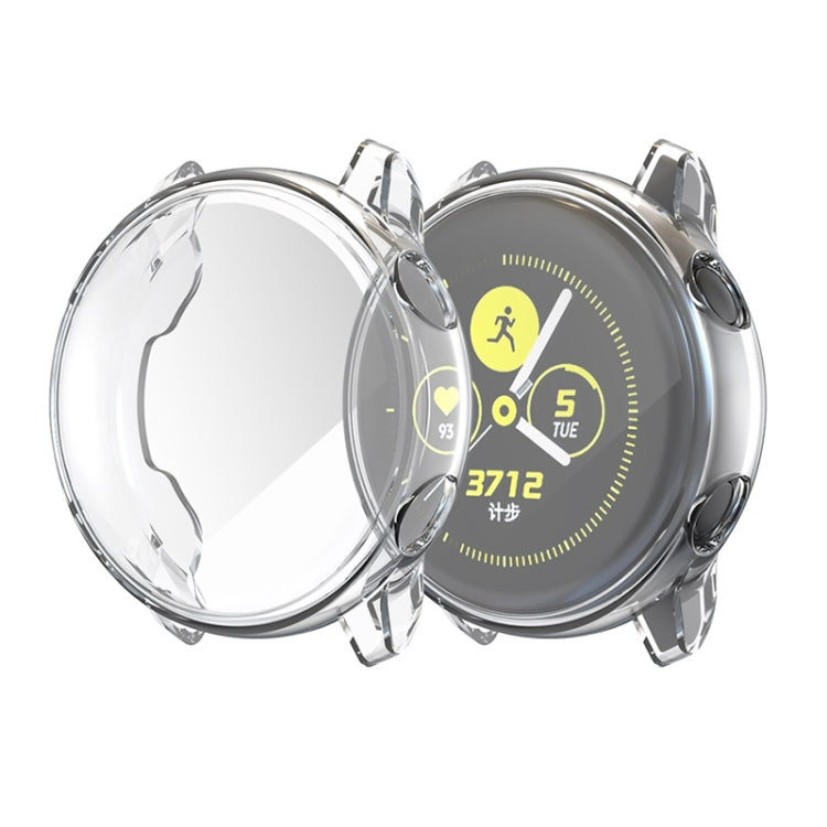 Transparent TPU full-coverage watch case on dark watch face with side clips