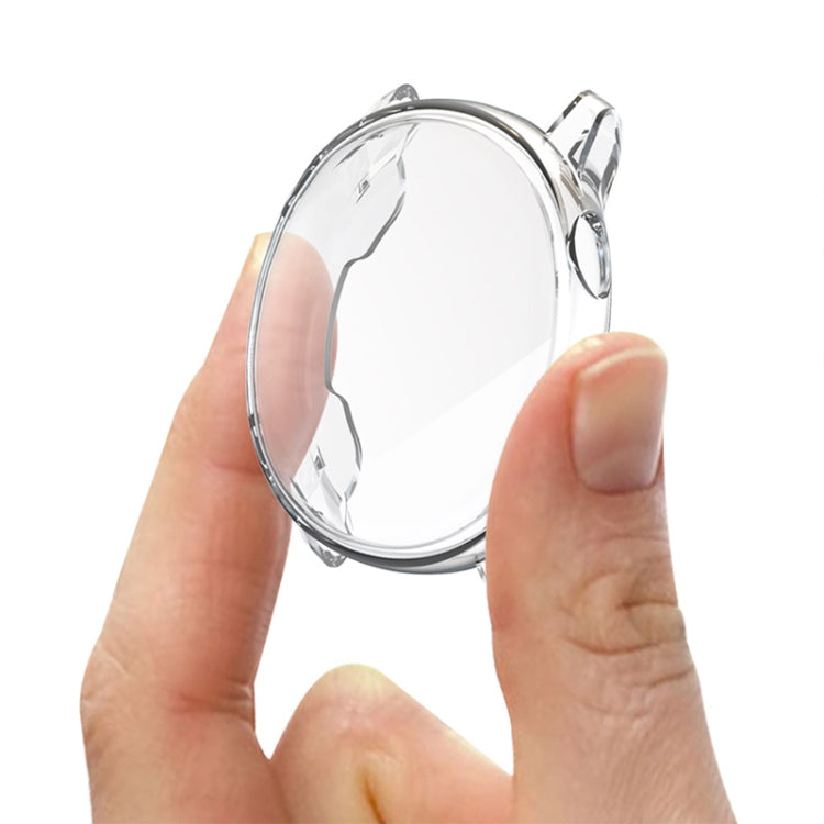 Transparent TPU watch case flexed by hands with clear round protective cover
