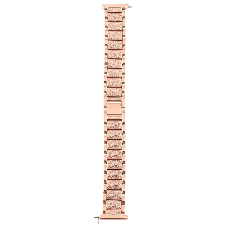 Rose gold diamond-studded stainless steel watch band, long vertical view with clasp