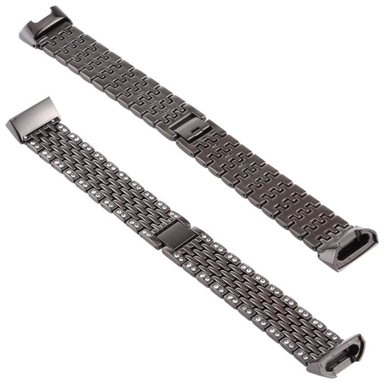 Black diamond-studded stainless steel watch band with interlocking link pattern